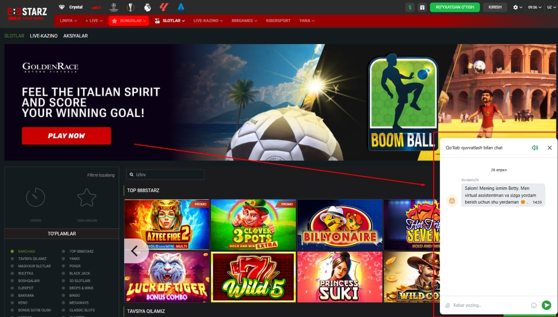 888starz kazino sahifasida Golden Race sport o‘yini aksiyasi va jonli qo‘llab-quvvatlash chat oynasi.