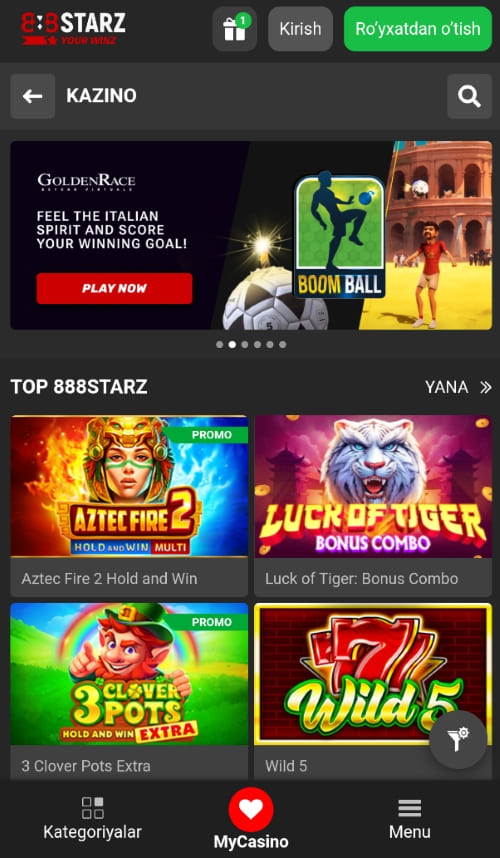 888starz mobil ilovasida kazino bo‘limi va TOP slot o‘yinlari — Aztec Fire, Luck of Tiger va boshqalar.