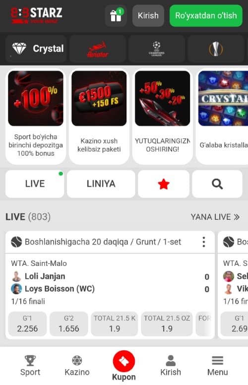 888starz mobil ilovasida live sport garovlari, bonuslar aksiyasi va jonli o‘yinlar ro‘yxati.