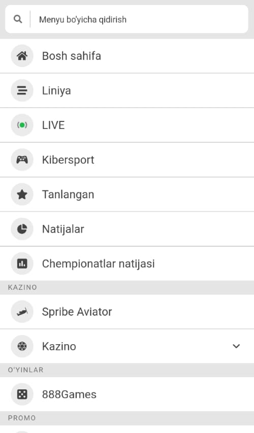 888starz mobil ilovasida bosh sahifa, sport, kazino, natijalar va boshqa menyu variantlari ro‘yxati.